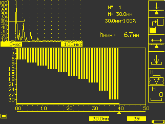 UD2-140 flaw detector: screen in Н mode - saving separate coordinates of a relief structure.
